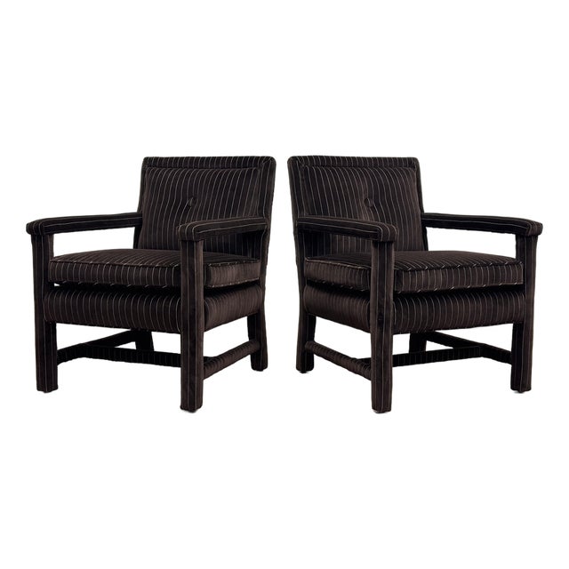 Vintage Newly Upholstered Luxe Chocolate Brown Pinstripe Velvet Parsons Chairs, a Pair For Sale