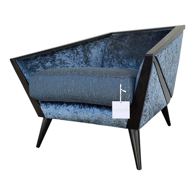 Caracole Modern Crushed Midnight Blue Velvet the Crane Lounge Chair For Sale