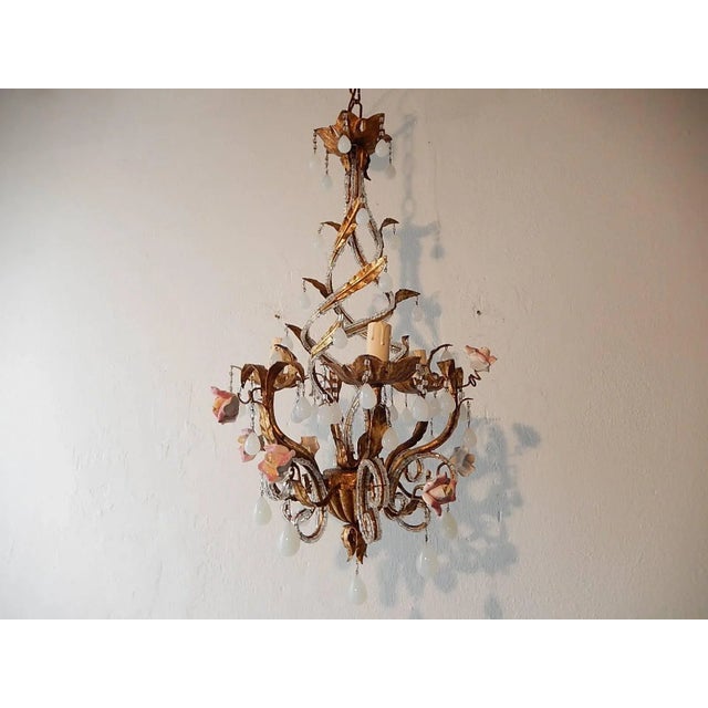 French Tole Beaded Roses and White Opaline Drops Chandelier For Sale - Image 10 of 10
