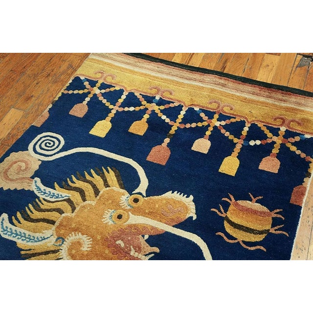 1820s Blue Yellow Dragon Antique Chinese Ningxia Pillar Rug 3'2" X 8'2" Wool Handknotted Carpet For Sale - Image 4 of 8