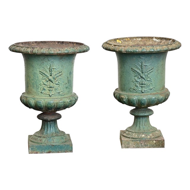 French Pair of 19th Century Cast Iron Urn Planters For Sale