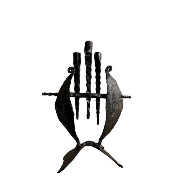 David Palombo, Brutalist Hand Forged Iron Sculpture Candelabra Candle Stick Israeli Art Palombo, c.1950's For Sale - Image 9 of 9