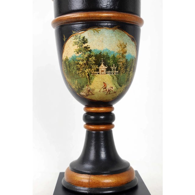 Vintage Black and Gold Color Trophy Lamp With Painted Scene For Sale In New York - Image 6 of 8