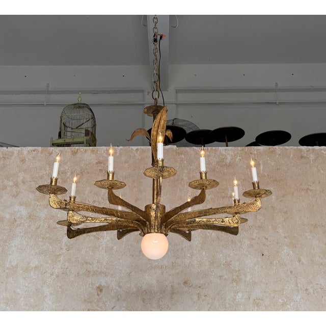 Spanish 1950’s Gilt Iron Twelve-Arm Chandelier With Opaline Glass Center Light For Sale - Image 18 of 18