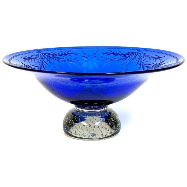 Pairpoint Cobalt Blue Engraved Floral Center Bowl Controlled Bubble Pedestal For Sale - Image 10 of 14