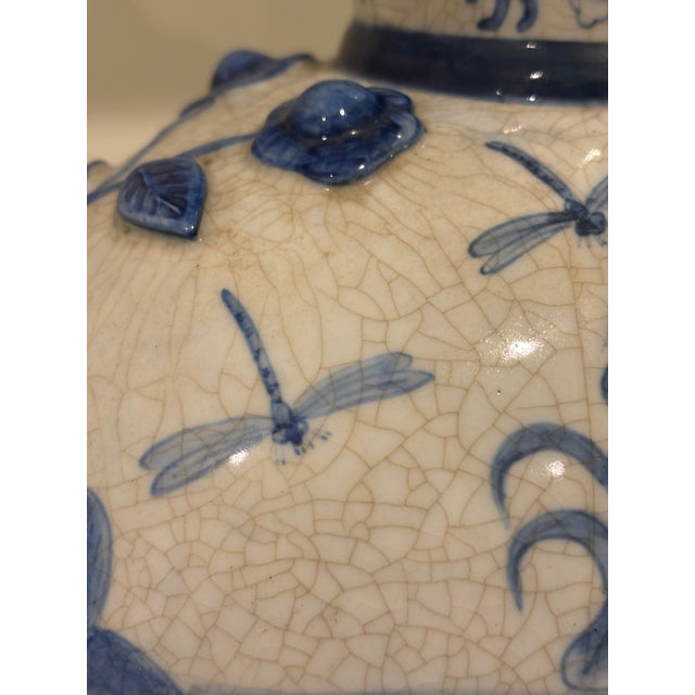 Large Scale Chinoiserie Blue and White Porcelain Table Lamp With Sculptural Bird Handles For Sale - Image 10 of 14