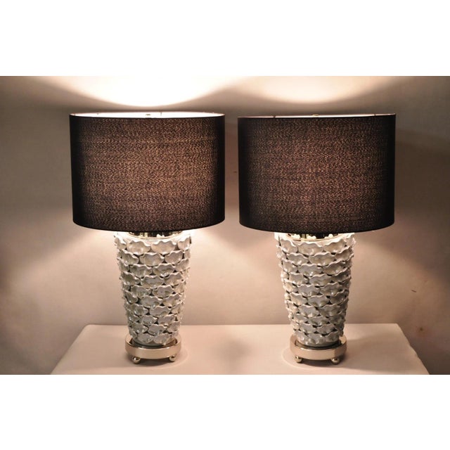Contemporary Modern Gray Porcelain Leaves Chrome Hollywood Regency Table Lamps with Black Shades - a Pair. Circa 21st...