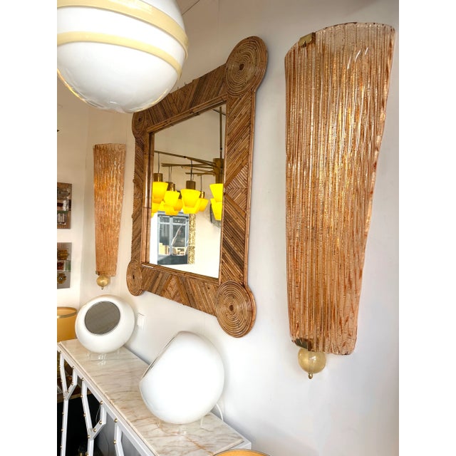 Salmon Large Contemporary Pair of Brass Salmon Gold Leaf Murano Glass Sconces, Italy For Sale - Image 8 of 11