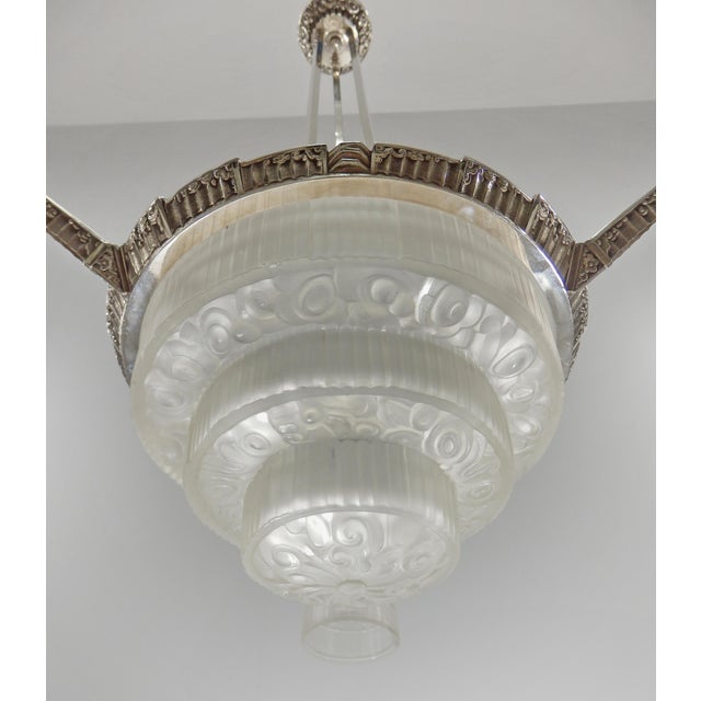 Cherrier & Besnus & Hanots French Art Deco Chandelier 1930s - Stepped Glass & Nickel For Sale - Image 12 of 12