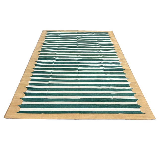 Handmade Cotton Area Rug, Green and White Striped Dhurrie With Mustard Border -5' Round For Sale - Image 9 of 11