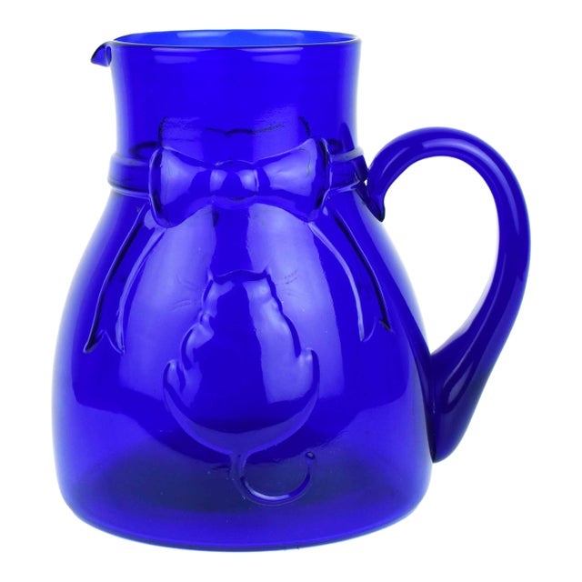 Mid 20th Century Cobalt Blue Glass Sitting Cat Design Italian Pitcher For Sale