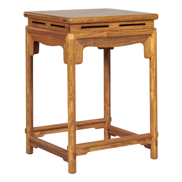 Vintage Chinese Square Elm Lamp Table with Pierced Apron and Warm Wood Grain Finish For Sale