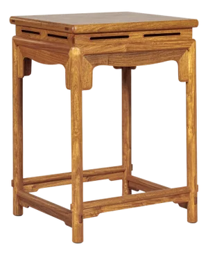 Vintage Chinese Square Elm Lamp Table with Pierced Apron and Warm Wood Grain Finish