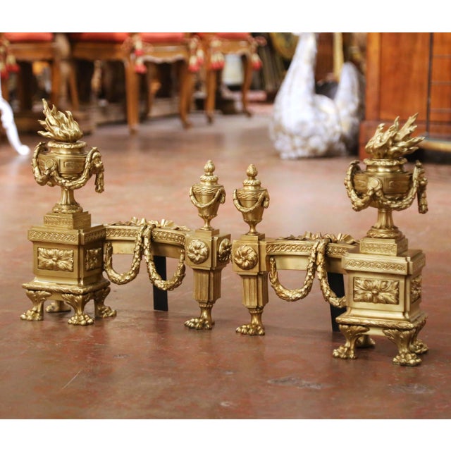 Pair of 19th Century French Louis XVI Gilt Bronze Fireplace Chenets Andirons For Sale In Dallas - Image 6 of 10