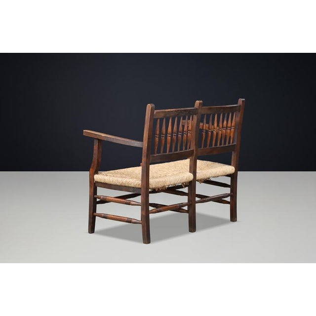 French Patinated Beech and Rush 2-Seat Bench, France, 1950s For Sale - Image 4 of 11