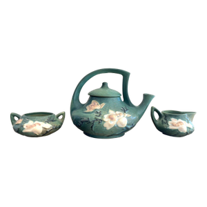 Mid Century Roseville Pottery Magnolia Tea Set Green Shape #4- 3 Pieces