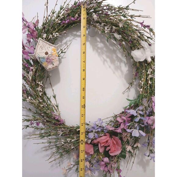 Field of Flowers Spring Summer Door Wreath 18" Crochet Feather Bird House Wall For Sale - Image 11 of 11