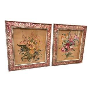 Pair of Vintage Signed Vee Kay Floral Watercolors in Ornate Hand-Decorated Frames For Sale