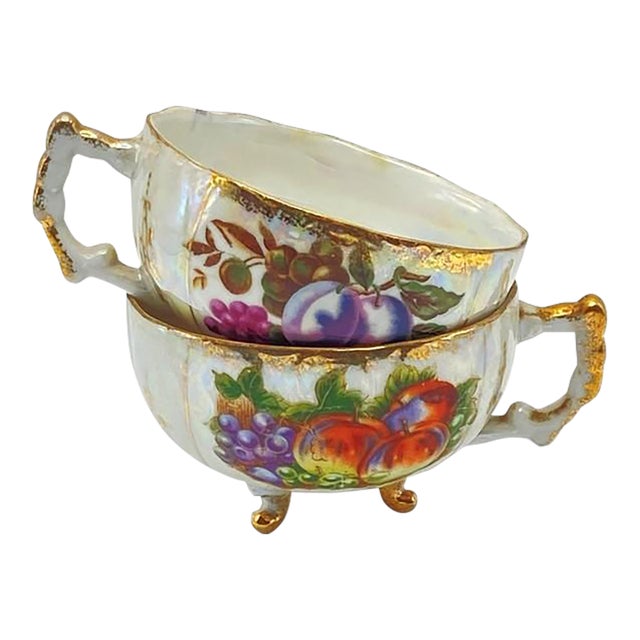Pair of Kasuga Footed Iridescent Gilded Teacups (Handles, Fruit Design, Lusterware) Vintage For Sale