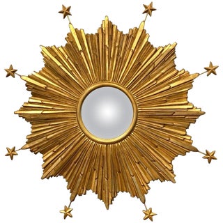 Carved Giltwood Starburst Convex Mirror, by Carvers Guild For Sale