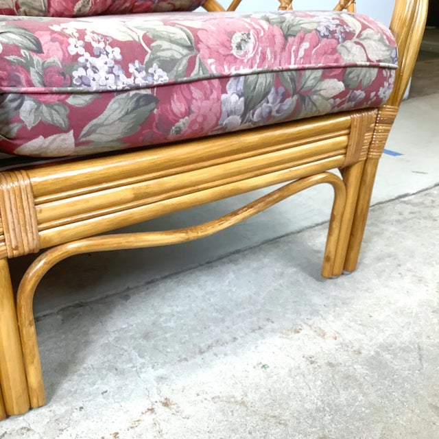 Vintage Palm Beach Style Rattan Sofa With Architectural Lattice Back For Sale - Image 13 of 18