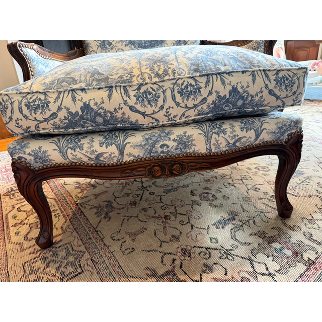 Old Hickory Tannery Louis XV Bergère – Designer Toile & Down-Filled For Sale - Image 15 of 18