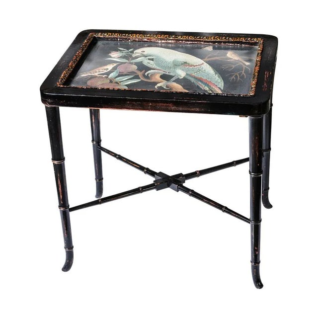 French Pair French Drinks Table Faux Bamboo With Painted Birds Under Glass For Sale - Image 3 of 12