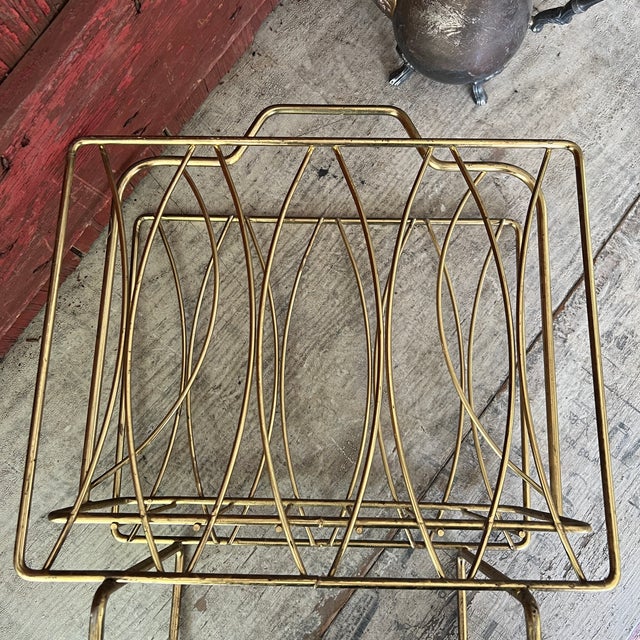 Vintage Brass Magazine Rack With Mid-Century Modern Design Wire Frame For Sale In Kansas City - Image 6 of 13
