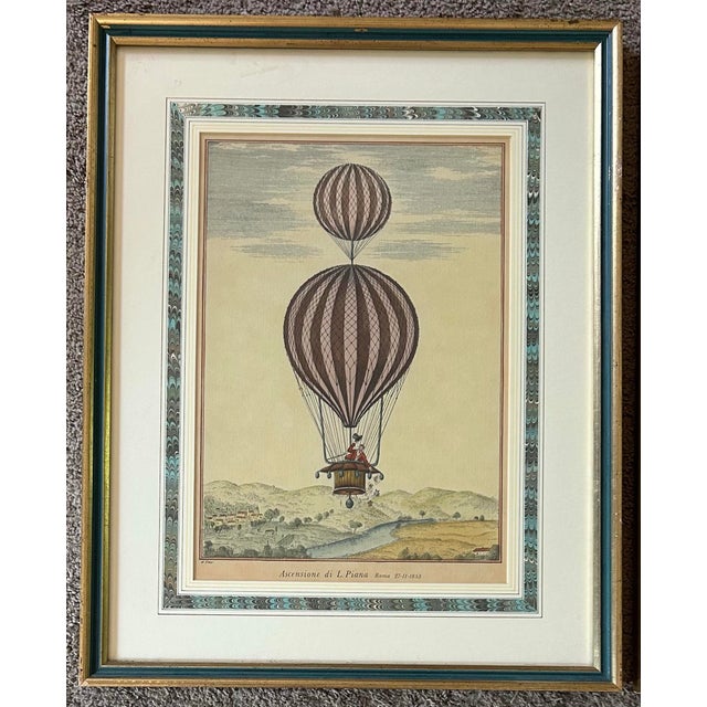 Italian Framed Pair of Antique Italian Hot Air Balloon Prints For Sale - Image 3 of 7