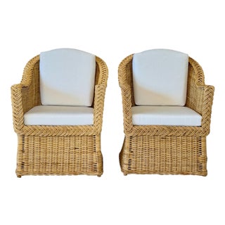 Pair of Vintage Michael Taylor Style Braided Rattan Wicker Lounge Armchairs For Sale