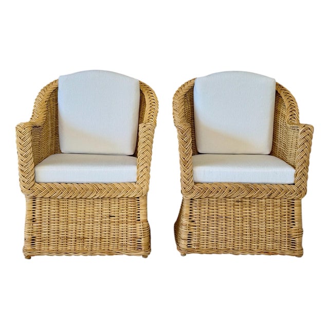 Pair of Vintage Michael Taylor Style Braided Rattan Wicker Lounge Armchairs For Sale