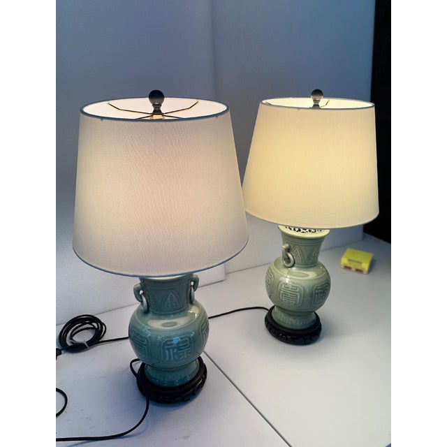 1940s Chinese Celadon Green Ceramic Table Lamps - A Pair For Sale - Image 12 of 12