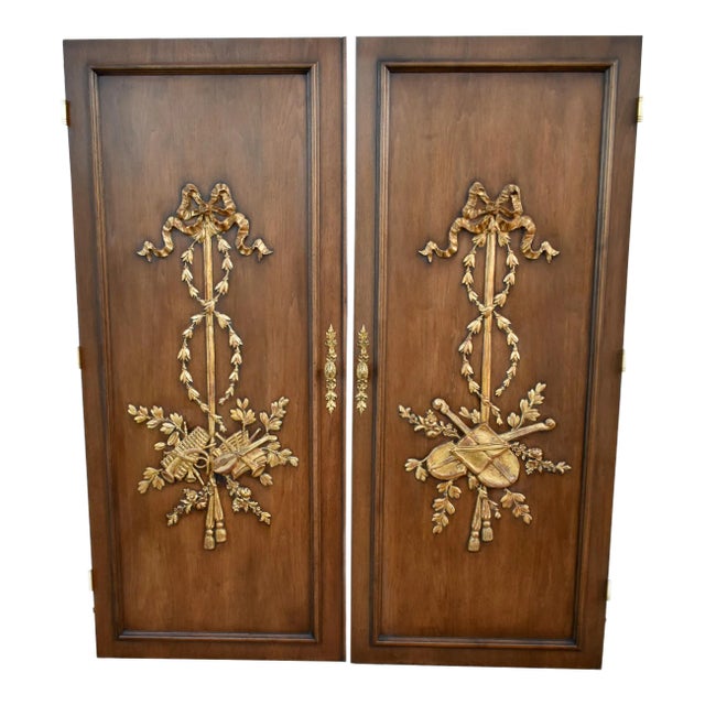 Pair French Cabinet Doors Louis XVI Style Carved Gilt Musical Trophy Vintage For Sale