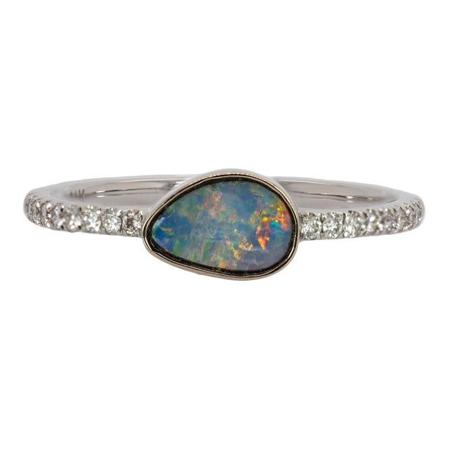 Australian Boulder Opal Ring With Diamond Pave Shank in 14k Solid Gold, Size 6.75 For Sale