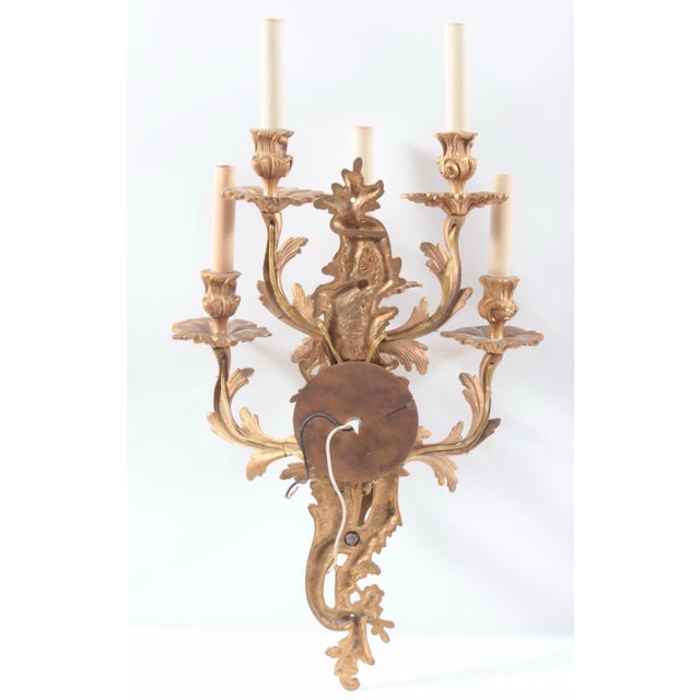 Pair of French Louis XV Style Five-Light Gilt Brass Sconces For Sale In New York - Image 6 of 9