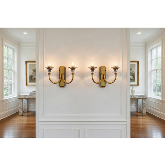 Vintage French Brass Double-Arm Wall Sconces, 1950s, Set of 2 For Sale - Image 3 of 12