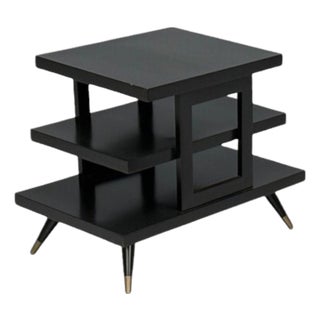 Ico Parisi Style, Ebonized Wood, Brass, Sculptural Side Table, Europe, 1950s For Sale