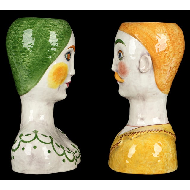 Mid 20th Century Pair Italian Horchow Faience Ceramic Busts Vintage Mid Century For Sale - Image 5 of 9