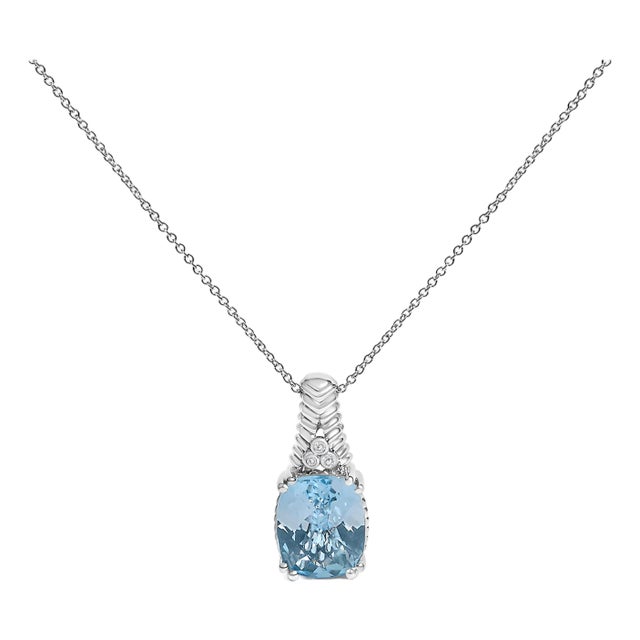 .925 Sterling Silver Blue Topaz and Diamond Accent Textured Pendant Necklace - 18" Inches For Sale