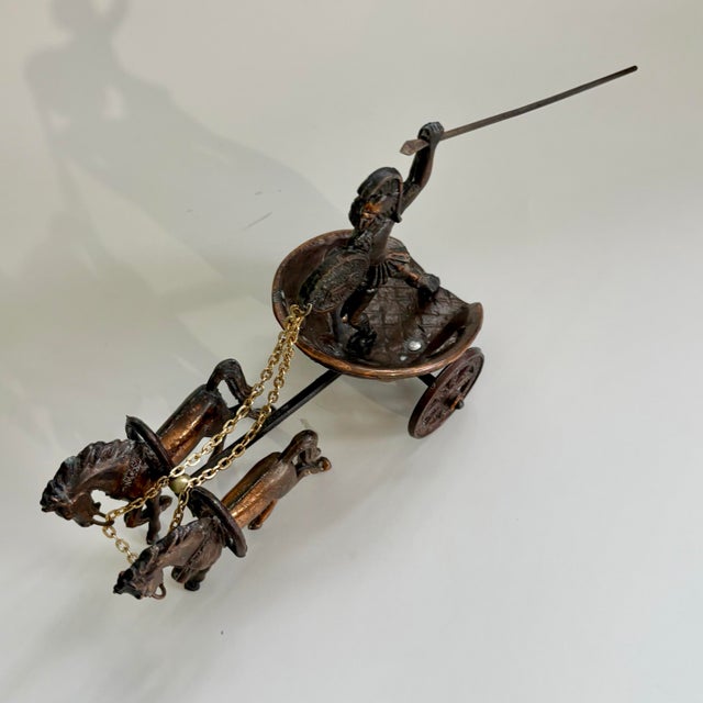 Metal Vintage Bronze Roman Warrior in Chariot Pulled by Two Horses Sculpture For Sale - Image 7 of 11