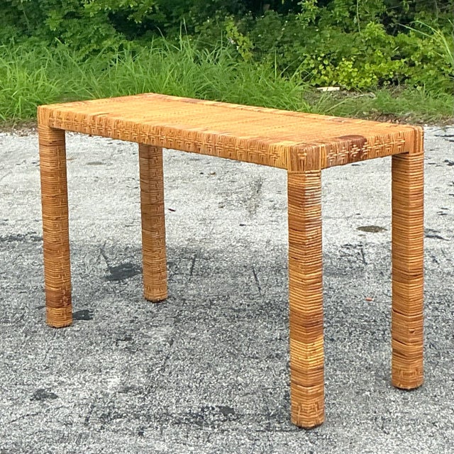 Vintage Coastal Wrapped Rattan Console Table After Bielecky Brothers For Sale In West Palm - Image 6 of 10