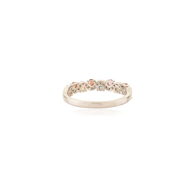 Pink Rainbow Sapphire & Diamond Stackable Half Eternity Band Ring Size 6 in 14k White Gold For Sale - Image 8 of 14