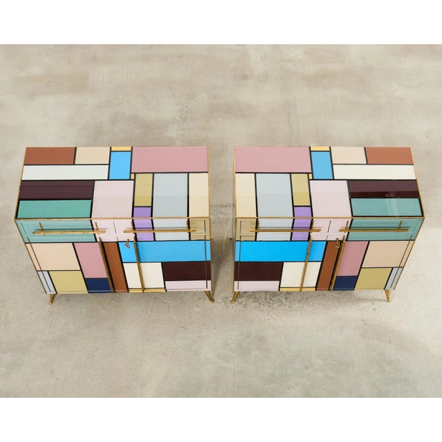 Mid-Century Modern Pair Italian Midcentury Mondrian Style Glass Brass Cabinets For Sale - Image 3 of 18