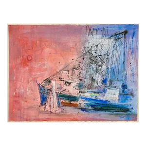 Robert Freiman, Gouache Watercolor Painting, Nantucket Harbor Boats American Deaf Modernist Art, 1980
