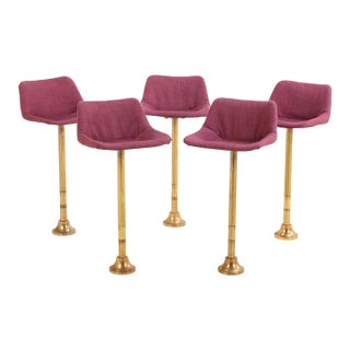 Set of Five Rotating Bronze Bar Stools With Upholstered Seats, C. 1960 For Sale