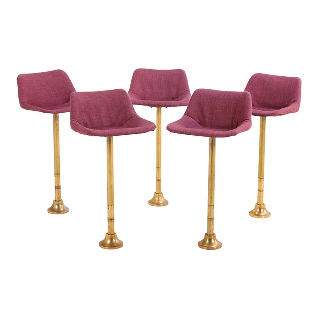 Set of Five Rotating Bronze Bar Stools With Upholstered Seats, C. 1960 For Sale