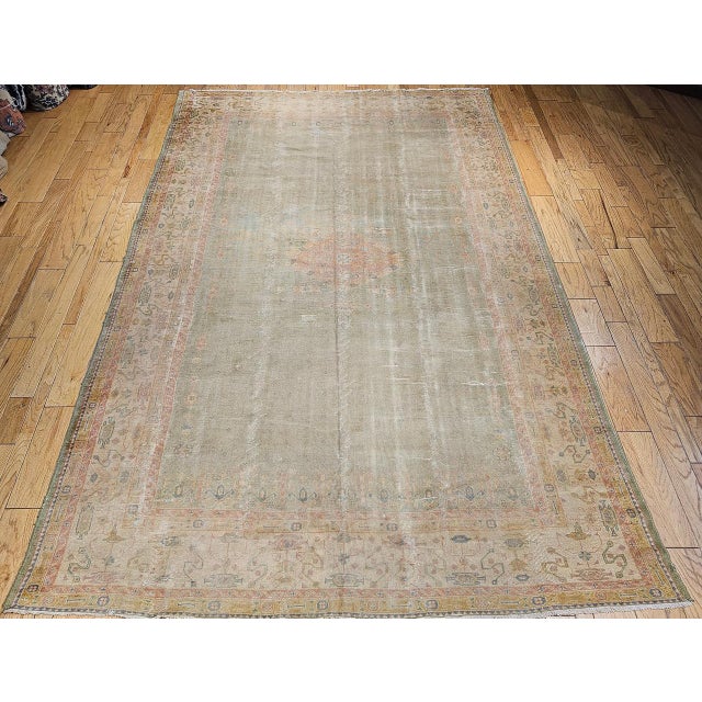 Vintage Turkish Oushak Hand-Knotted Rug in Open Geometric Pattern in Pale Green, Yellow, Pink For Sale - Image 9 of 17