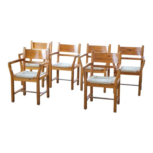 Set of Six Modern Danish Dining Chairs in Solid Pine and Papercord