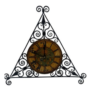 Antique Ornate Triangle Wrought Iron Mantel Clock For Sale