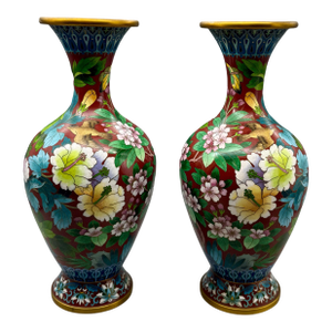 Vintage Jingfa Chinese Hollywood Regency Style Cloisonné Brass & Enamel Vases - Pair